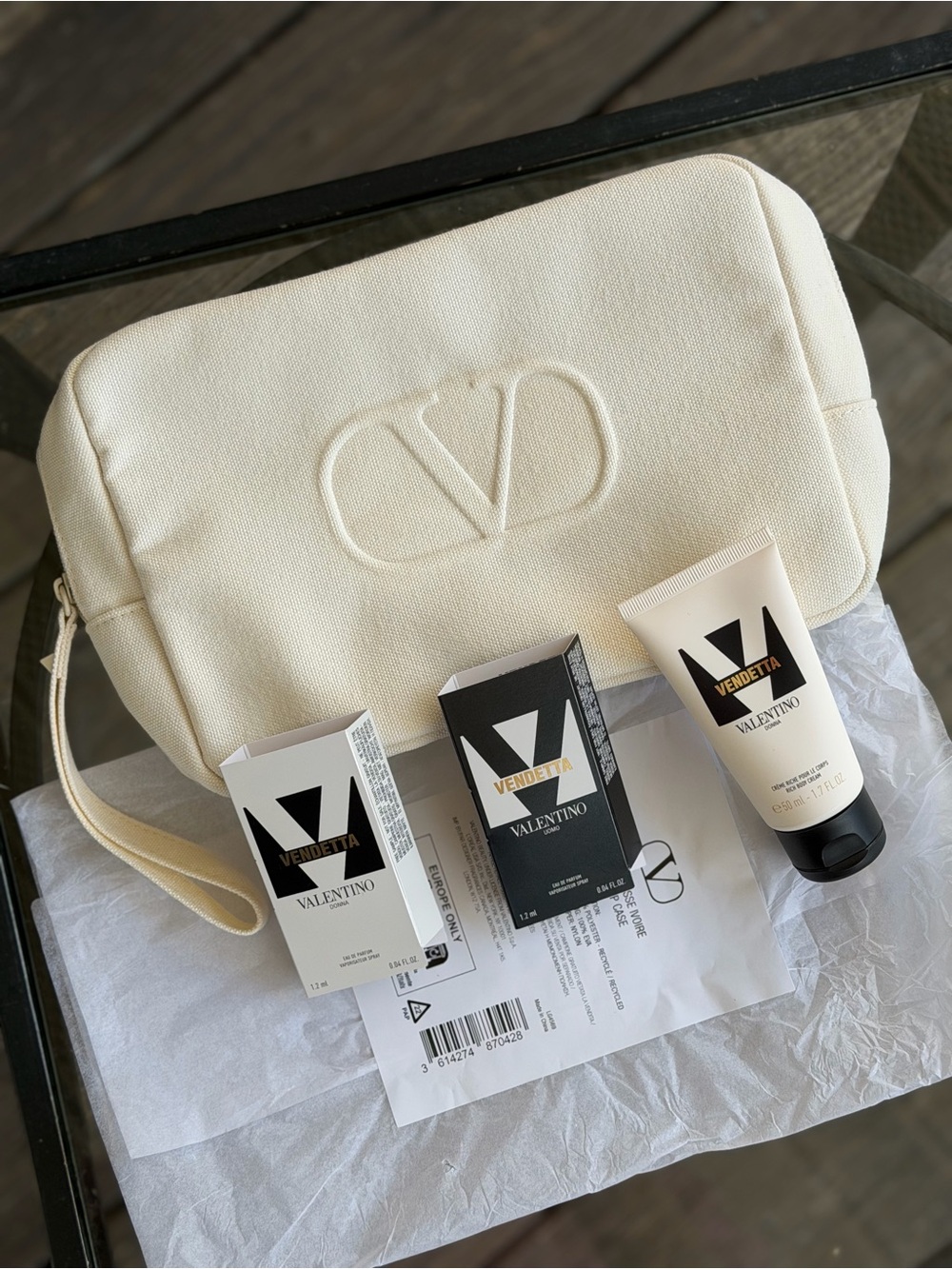 Valentino Cream Canvas Embossed Logo Toiletry Pouch